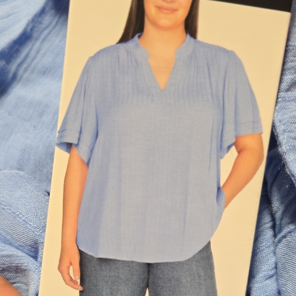 Well Worn Women's Blue Cuffed Ruffle Sleeve V-Neck Top - Picture 4 of 8